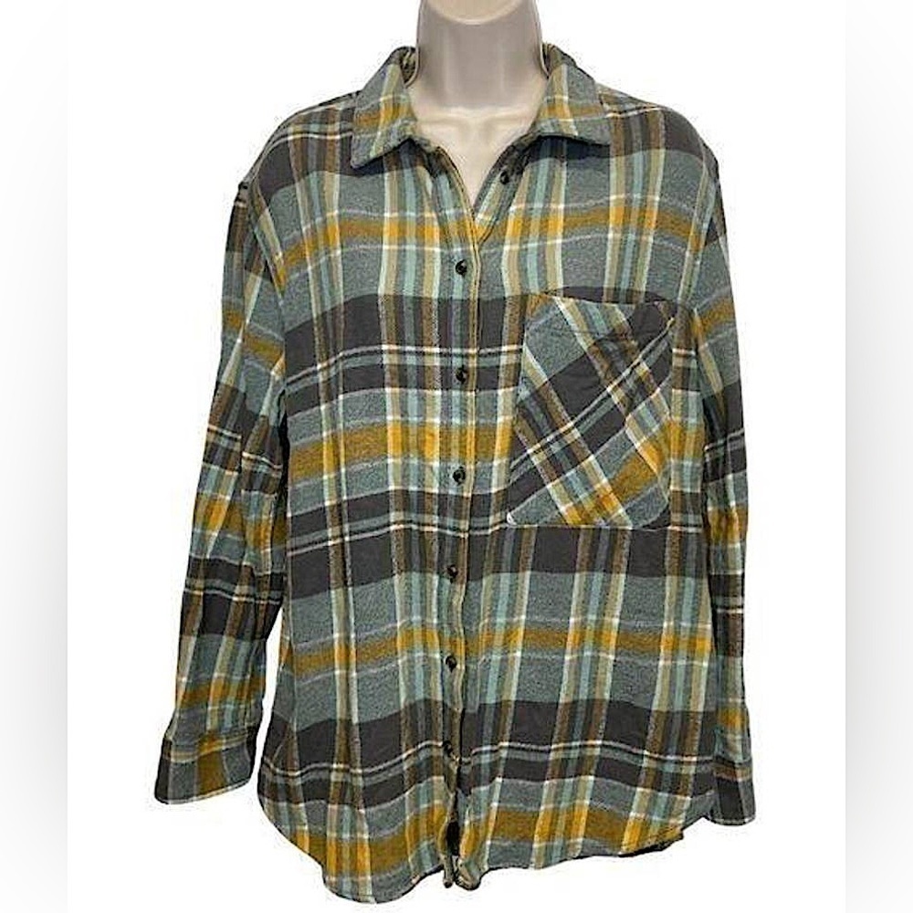 Aerie AE oversized flannel shirt shacket yellow gray  plaid boyfriend shirt | XS - Picture 2 of 8